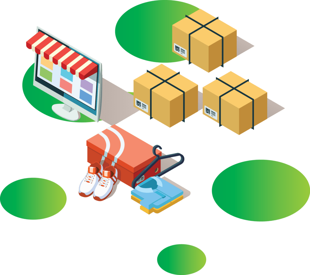 ilustracja wektorowa ekran komputera z markizą sklepową ubrania zakupione on line paczki do klientów sklepu e commerce