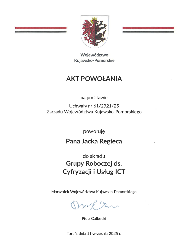 Powołanie do grupy roboczej ds. Cyfryzacji i Usług ICT Powołanie do grupy roboczej ds. Cyfryzacji i Usług ICT